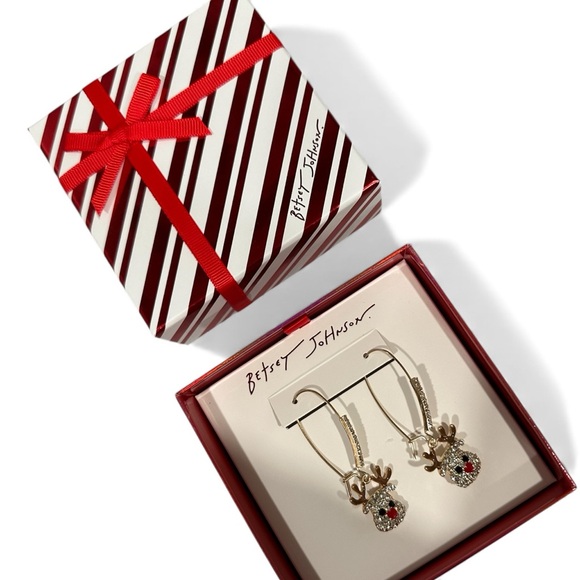 Betsey Johnson Reindeer Dangle Earrings Gold Tone Rhinestone Crystal Holiday - Picture 3 of 4